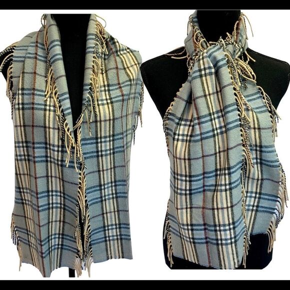 𝅺BABY blue and cream plaid check fringe scarf - Picture 1 of 8